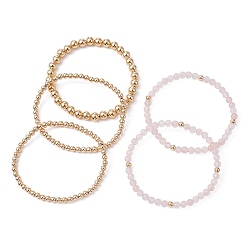 Rose Quartz 5Pcs 5 Style Natural Rose Quartz & Brass Beaded Stretch Bracelets Set for Women, Inner Diameter: 2-1/8 inch(5.4cm), 1Pc/style