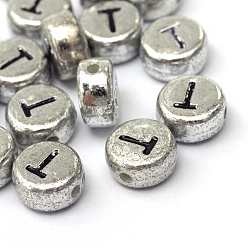 Letter T Plated Acrylic Horizontal Hole Letter Beads, Flat Round, Letter.T, 7x4mm, Hole: 1.3mm, about 3600pcs/500g