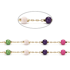 Colorful Handmade Brass Cable Chains, with Dyed Synthetic Turquoise Beads and Spool, Soldered, Long-Lasting Plated, Round, Real 18K Gold Plated, Colorful, 2x1x0.3mm, about 32.8 Feet(10m)/roll