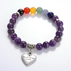 Amethyst Amethyst Beaded Charm Bracelets, with Tibetan Style Heart Pendant and Flat Round Spacers,  57mm