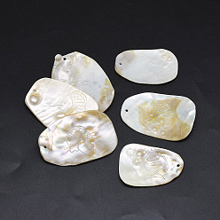 Freshwater Shell Freshwater Shell Pendants, Nugget with Fish, 47~60x32~41x2~5mm, Hole: 2mm