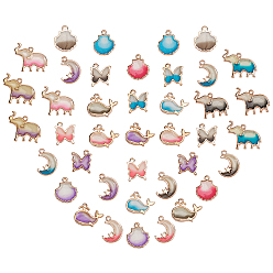 Mixed Color Alloy Resin Pendants, with Glitter Powder, Lead Free, Golden, Butterfly & Scallop Shell Shape & Elephant & Moon & Dolphin, Mixed Color, Pendants: 40pcs/box