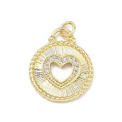 Настоящее золото 16K Латунные микропаве прозрачные подвески с фианитом, плоские круглые прелести, реальный 16 k позолоченный, 21.5x18x2.5 мм, Перейти кольцо: 5.5x1 мм, внутренний диаметр: 3.5 мм