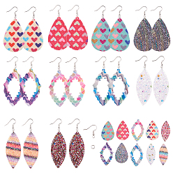 Mixed Color DIY Making, PU Leather Big Pendants and Brass Earring Hooks, Mixed Color, 55~63x25~37x1~2mm, Hole: 1~1.5mm, 20pcs/set, 19mm, Hole: 1.5mm, Pin: 0.7mm, 20pcs/set