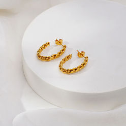 Real 18K Gold Plated Twist 304 Stainless Steel Stud Earrings for Women, Half Hoop Earrings, Real 18K Gold Plated, 25x17mm
