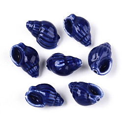 Средно-синий Ручной печатный шарики фарфора, форма раковины, яркие глазированный фарфор, светло-синий, 20~21x13~14x11.5~12 мм, отверстие : 1.2~1.5 мм