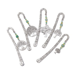 Античное Серебро Подвески-закладки из натурального малайзийского нефрита и зеленого авантюрина со сплавом «Древо жизни», закладки с цветочным узором крючком, античное серебро, 123.5x21x2.5 мм
