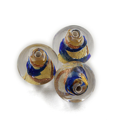 Blue Czech Glass Beads, with Gold Foil, Round, Blue, 12mm