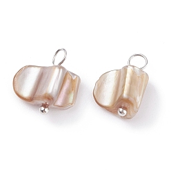White Natural Freshwater Shell Charms, with Platinum Tone Brass Findings, Dyed, White, 13.5x10~13x6~7.5mm, Hole: 2.6mm
