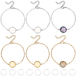 Golden & Stainless Steel Color 10Pcs 2 Colors 304 Stainless Steel Paperclip Chain Satellite Chain Bracelet Making, with Flat Round 304 Stainless Steel Cabochon Settings, with 10Pcs Transparent Glass Cabochons, Golden & Stainless Steel Color, Tray: 14mm, 6.77 inch(17.2cm), 5pcs/color