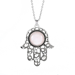 Rose Quartz Natural Rose Quartz Pendant Necklaces, Stainless Ssteel Cable Chains, Hamsa Hand, 19.69 inch(50cm)