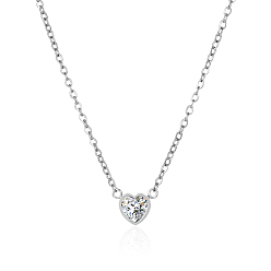 Stainless Steel Color Heart-shaped 304 Stainless Steel Pave Clear Cubic Zirconia Pendant Cable Chain Necklaces for Women, Stainless Steel Color, 16.54 inch(42cm)