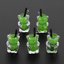 Зеленый лайм Непрозрачные смоляные подвески, имитирующие чай с пузырьками, Полимерная глина внутри, с акриловой чашкой и железной фурнитурой, медведь, зеленый лайм, 24~32x14x13 мм, отверстие : 1.8 мм