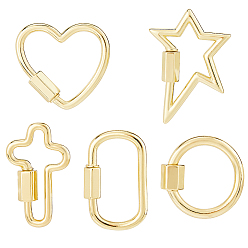 Настоящее золото 18K 5 шт 5 стили латунный винт-карабин подвески с замком, реальный 18 k позолоченный, 20~27.5x16~24x1.5~2 мм, 1 шт / стиль