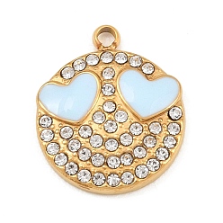 Light cyan 304 Edelstahl Strass Anhänger, flache runde Anhänger mit Gesicht, mit Emaille, Ionenbeschichtung (ip), echt 18 k vergoldet, light cyan, 16x13.5x3 mm, Bohrung: 1.6 mm