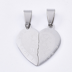 Stainless Steel Color Non-Tarnish 201 Stainless Steel Split Pendants, for Lovers, Heart with Heart, with Lovers & Word I Love You, For Valentine's Day, Stainless Steel Color, 25x24x1mm, Hole: 8x4mm