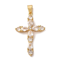 Настоящее золото 18K Латунные микропаве прозрачные подвески с фианитом, долговечный, крестик, реальный 18 k позолоченный, 36x23.5x5 мм, отверстие : 4x3.5 мм