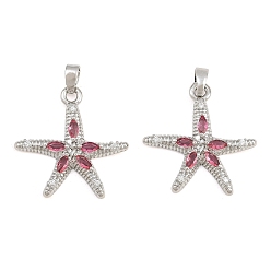 Platinum Brass Micro Pave Cerise Cubic Zirconia Pendants, Starfish Charms, Platinum, 24x22.5x4mm, Hole: 5x2mm