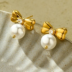 Золотой 304 Серьги-гвоздики из нержавеющей стали с прозрачным кубическим цирконием и жемчугом, бантом, золотые, 21x17 мм