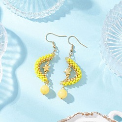 Желтый Серьги-подвески из натурального нефрита Машан, луна, со стеклом, золотые, желтые, 62.5x17.5 мм