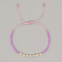 Lilac Adjustable Imitation Pearl and Glass Seed Beaded Braided Bracelets for Women, Lilac, 11.02 inch(28cm)