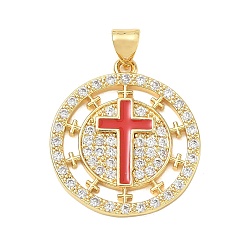 Red Religion Cross Brass Micro Pave Clear Cubic Zirconia Pendants, Flat Round Charms with Enamel, Lead Free & Cadmium Free, Long-Lasting Plated, Rack Plating, Real 18K Gold Plated, Red, 24x22x2mm, Hole: 5x3.5mm