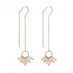 Розовый Кварц Латунные ушные нити, серьга, с круглыми бусинами из натурального розового кварца, золотые, 69.5 мм, штифты : 0.7 мм