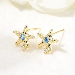 Настоящее золото 18K Серьги-гвоздики из латуни с микропаве из кубических цирконий в форме морских звезд, без кадмия и без свинца, стойки покрытие, долговечный, реальный 18 k позолоченный, 10.5x11 мм