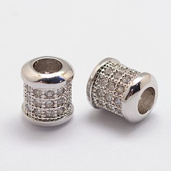 Platinum Brass Micro Pave Cubic Zirconia Beads, Column, Lead Free & Nickel Free, Platinum, 7.5x6.5mm, Hole: 3mm