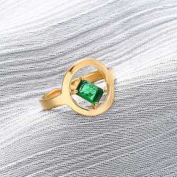 Зеленый 304 регулируемые манжеты из нержавеющей стали для женщин, полые кольца, с микро проложить кубического циркония, золотые, зелёные, 14 мм, размер США 7 1/4 (17.5 мм)