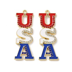 Слово Подвески из сплава с эмалью ко дню независимости, с кристально горный хрусталь, золотые, Слово США, 48.5x16.5x2.5 мм, отверстие : 2 мм