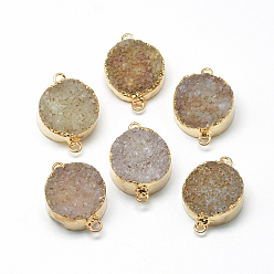 Tan Natural Druzy Agate Links connectors, with Brass Findings, Dyed, Flat Round, Tan, 29x20x9~13mm, Hole: 2mm