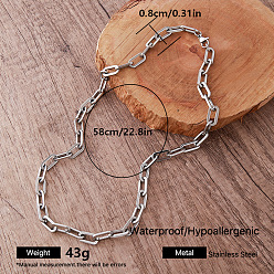 Couleur Acier Inoxydable Colliers à chaîne trombone en acier inoxydable style vintage 8 mm 304 pour femmes, couleur inox, 22.83 pouce (58 cm)