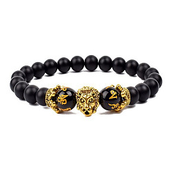 Золотой Браслеты из натуральных матовых круглых бусин, натуральные бусины из тигрового глаза и сплава с тигровыми подвесками, эластичные браслеты для мужчин и женщин, золотые