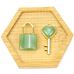 Зеленый Авантюрин Подвески для пар из натурального зеленого авантюрина, Подвески на замок и ключ с позолоченными деталями из сплава, заблокировать: 30x20 мм, Ключ: 47x15 мм