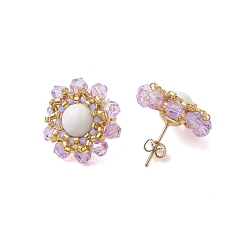 Plum Flower Glass Seed Beaded with Natural Mashan Jade Stud Earrings for Women, Light Gold, Plum, 20mm