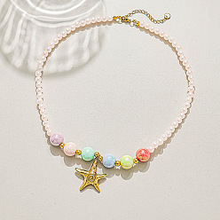 Starfish Summer Beach 304 Stainless Steel Pendant Plastic Round Beaded Necklaces for Women, Real 18K Gold Plated, Colorful, Starfish, 15.75 inch(40cm)
