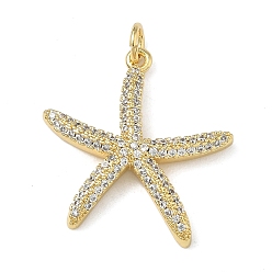 Настоящее золото 16K Латунные микропаве прозрачные подвески с фианитом, с целью перехода в кольце, прелести морская звезда, реальный 16 k позолоченный, 23x22.5x3.5 мм, отверстие : 3 мм