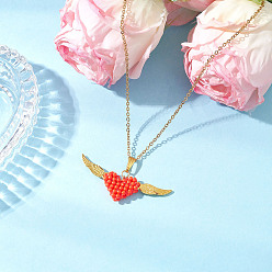 Оранжево-Красный Подвеска в виде ангела-сердца из стеклянного бисера и сплава 304 ожерелья из нержавеющей стали с цепочкой для женщин, золотые, оранжево-красный, 17.64 дюйм (44.8 см)