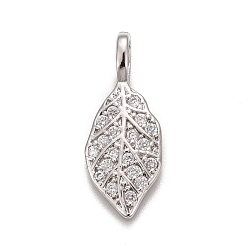 Platinum Rack Plating Brass Micro Pave Clear Cubic Zirconia Pendants, Long-Lasting Plated, Cadmium Free & Lead Free, Leaf, Platinum, 16.5x6.5x3mm, Hole: 2x2.5mm
