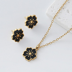 Black 304 Stainless Steel Enamel Flower Pendant Necklace & Stud Earrings Set for Women, Golden, Black, 450mm, Pendant: 15x12mm