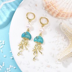 Jellyfish Серьги-кольца с натуральным культивированным пресноводным жемчугом и латунной эмалью для женщин., латуни с серьгами обруча, золотые, медуза, 61.5x14 мм