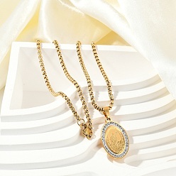 Настоящее золото 18K 201 Овальные подвески из нержавеющей стали с микропаве из прозрачного кубического циркония, ожерелья с цепочкой для мужчин, реальный 18 k позолоченный, 23.54 дюйм (59.8 см)