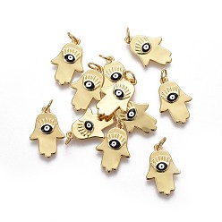 Настоящее золото 18K Латунь эмаль подвески, долговечный, hamsa рука / рука fatima / рука miriam, с глаз, реальный 18 k позолоченный, 19x12.5x2 мм, отверстие : 3 мм