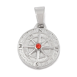 Нержавеющая Сталь Цвет 304 из нержавеющей стали горный хрусталь подвески, плоский круглый с подвеской в виде компаса, цвет нержавеющей стали, 19x16x4 мм, отверстие : 3x7.5 мм