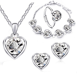 Claro Conjunto de joyas de corazón de cristal, Collar con colgante de aleación de platino, pulsera de cadena, aretes y anillo ajustable, Claro, 450 mm, 11x12 mm, diámetro interior: 17 mm, 230 mm