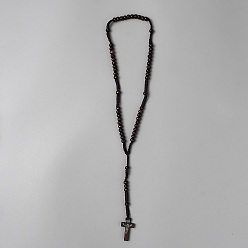 Coconut Brown Jesus Cross Pinewood Pendant Polyester Cord Rosary Bead Necklaces for Men Women, Coconut Brown, 22.83 inch(58cm)