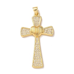 Золотой Латунные микропаве прозрачные подвески с фианитом, крестик с сердечками, золотые, 41x23.5x4 мм, отверстие : 5x3 мм