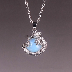 Opalite Opalite Round Ball Pendants, Sphere Charms with Metal Dragon Wrapped, Platinum, 16mm