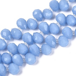 Cornflower Blue Imitation Jade Glass Beads Strands, Teardrop, Faceted, with Transparent Glass Beads, Cornflower Blue, 10x8x8mm, Hole: 1~1.2mm, about 94~102pcs/strand, 26.57~29.72 innch(67.5~75.5cm)